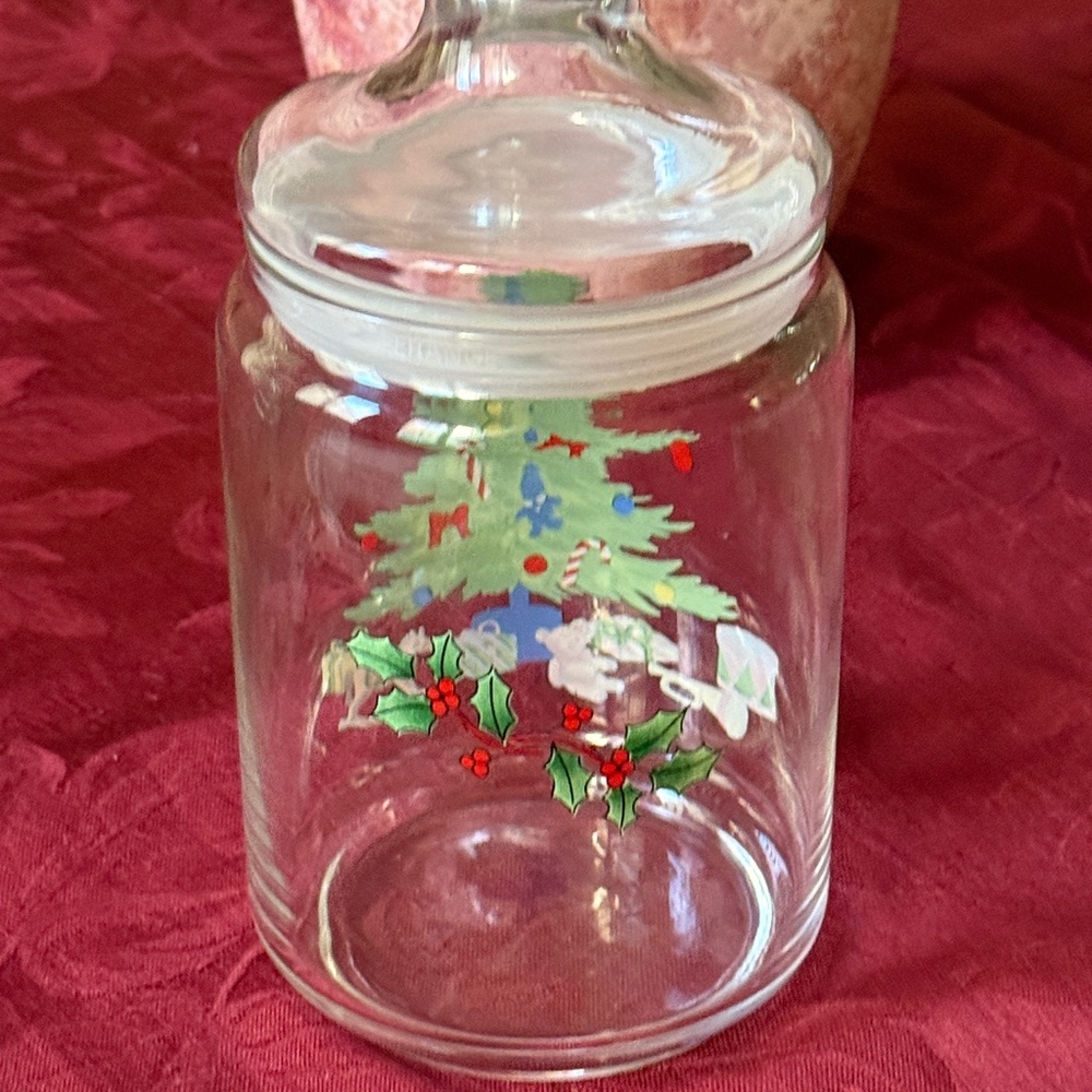 Vintage Holiday Clear Glass Holiday Canister with Christmas Tree and Holly